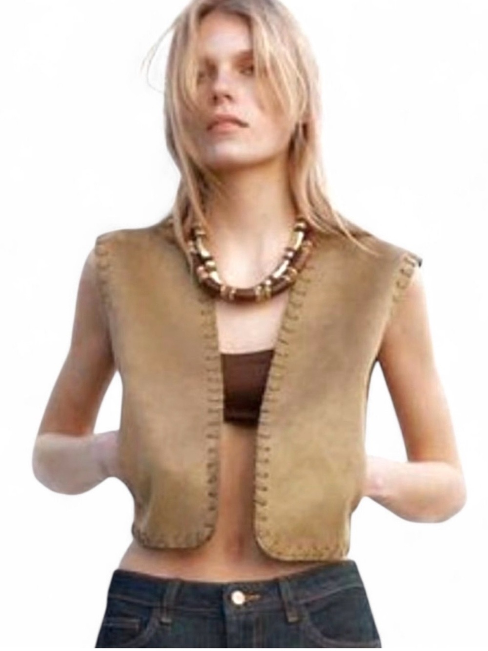 Zara Camel Suede-Look Cropped Vest with Whipstitch